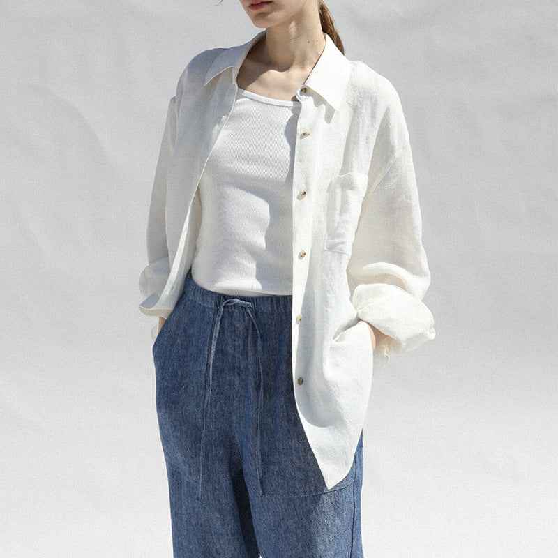 High-End Linen Shirt Women Spring Oversized Turn-Down Collar