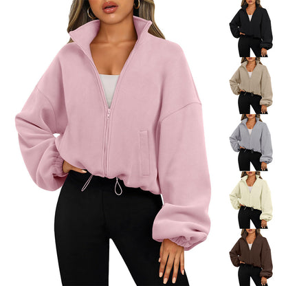 Women's Oversized Stand Collar Zip Up Fleece Jacket