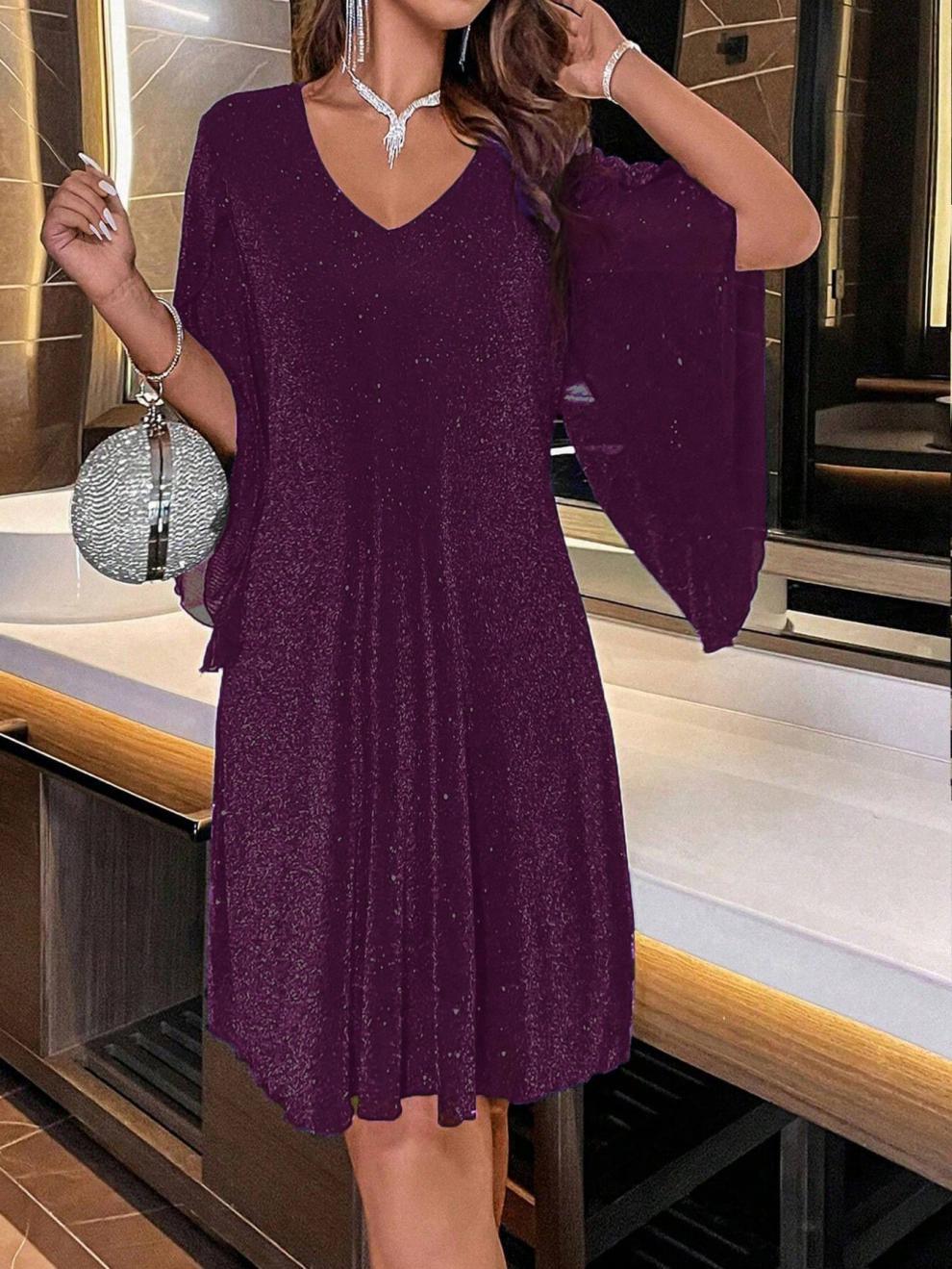 Women's Glitter V-Neck Cape Sleeve Party Mini Dress