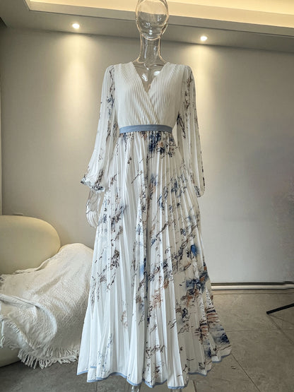 Floral Pleated V-Neck Long Sleeve Maxi Dress
