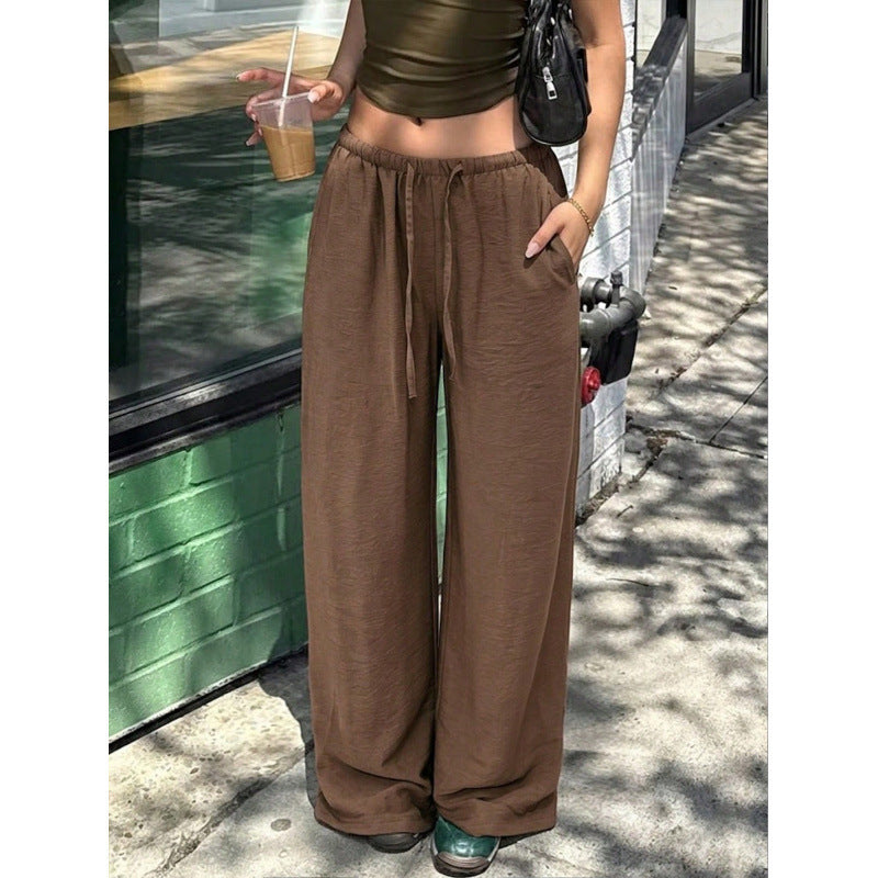 Women Wide Leg Pants Drawstring Elastic Waist Pockets