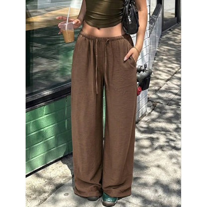 Women Wide Leg Pants Drawstring Elastic Waist Pockets