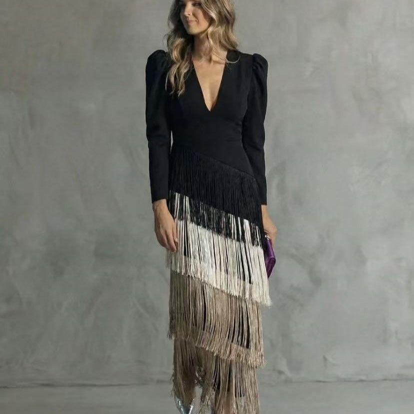 Fringe Maxi Dress Deep V Neck Long Sleeve Bodycon Party