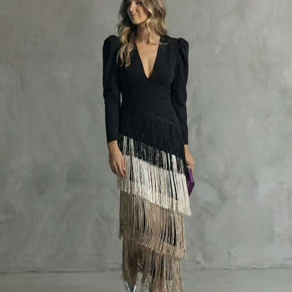 Fringe Maxi Dress Deep V Neck Long Sleeve Bodycon Party