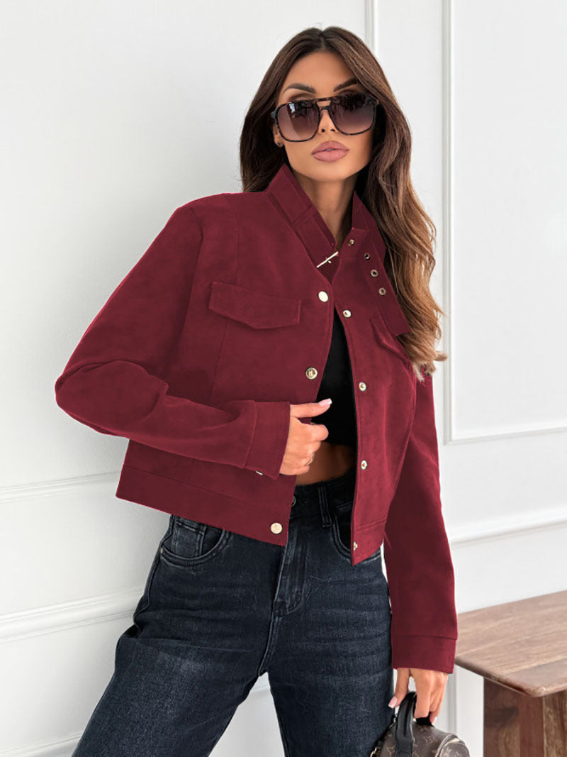 Women's Faux Suede Jacket Button Front Long Sleeve Pockets