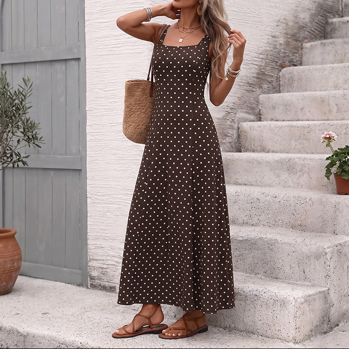 Brown Polka Dot Square Neck Sleeveless Maxi Dress Summer Vacation