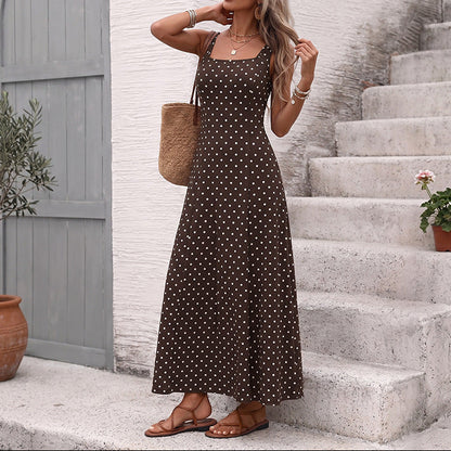 Brown Polka Dot Square Neck Sleeveless Maxi Dress Summer Vacation