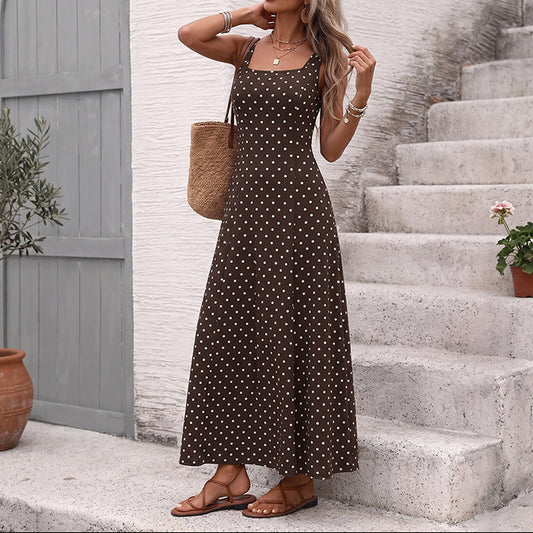 Brown Polka Dot Square Neck Sleeveless Maxi Dress Summer Vacation