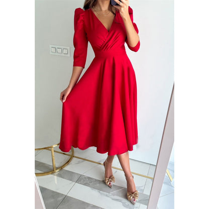 Women's V-Neck Puff Sleeve Ruched A-Line Midi Dress