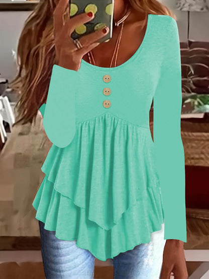 Women's Long Sleeve U-Neck Button Tiered Tunic Top