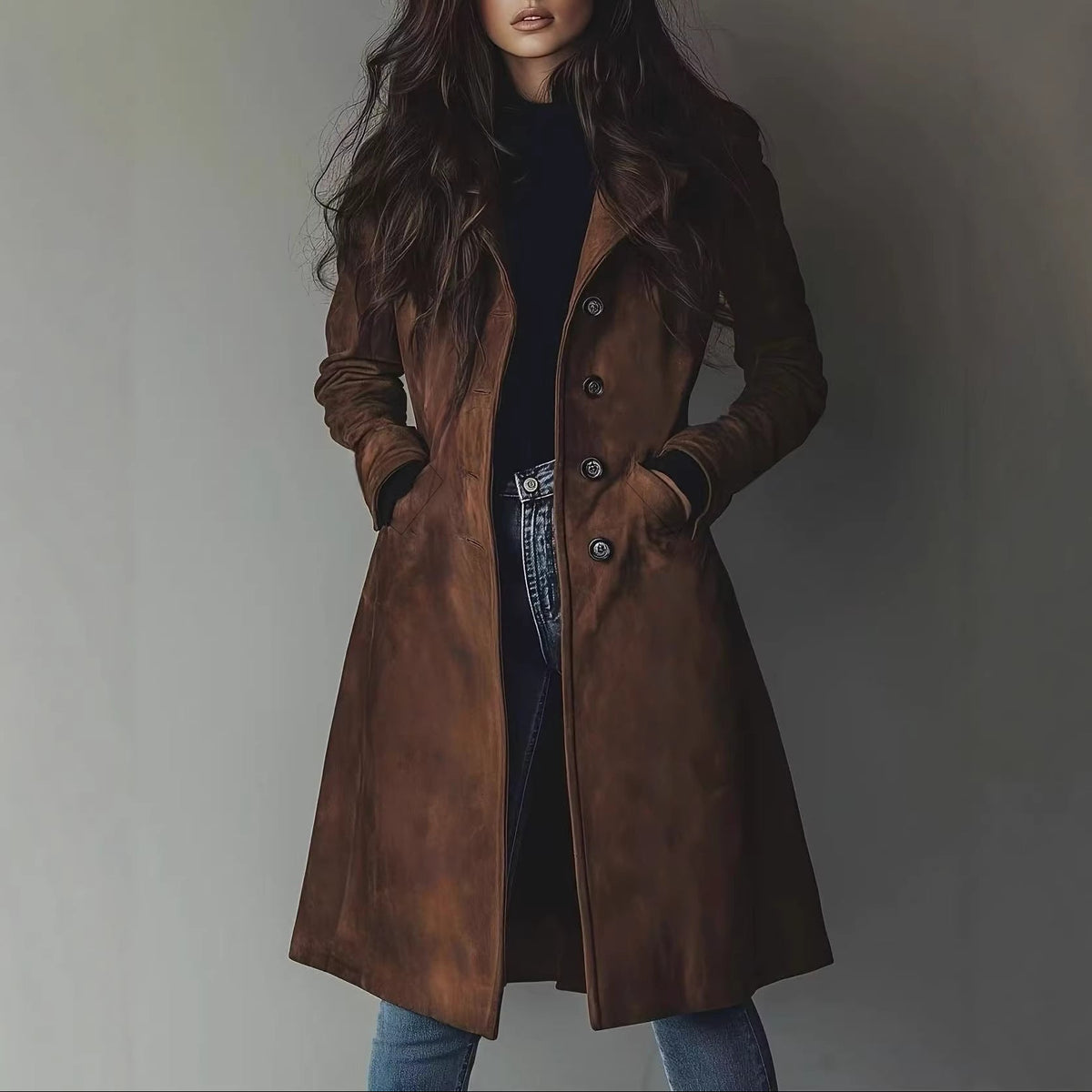 Women's Faux Suede Long Trench Coat Vintage Lapel