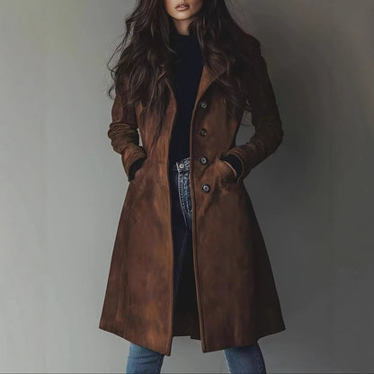 Women's Faux Suede Long Trench Coat Vintage Lapel