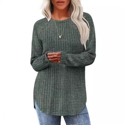 Women's Ribbed Long Sleeve Tunic Top Curved Hem Crew Neck