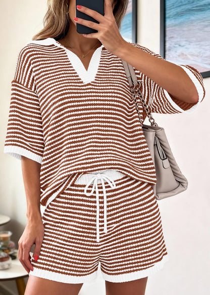 Pink Stripe Knit Lounge Set V Neck Top Shorts Set
