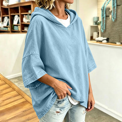 Women's Oversized Denim Hoodie 3/4 Sleeve Pullover Top