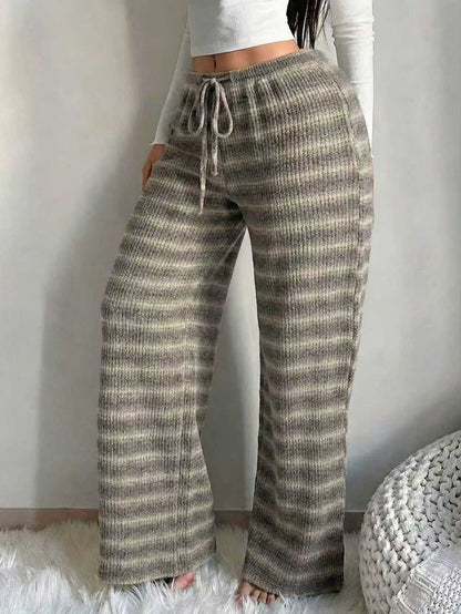 Striped Knit Wide Leg Pants Women Drawstring Casual