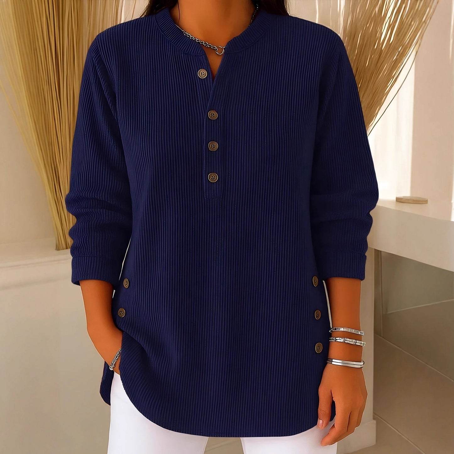 Corduroy Button Front Long Sleeve Henley Top