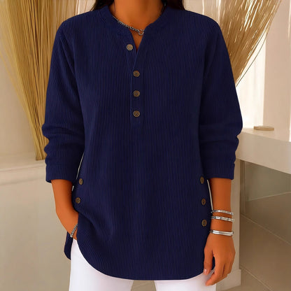 Corduroy Button Front Long Sleeve Henley Top