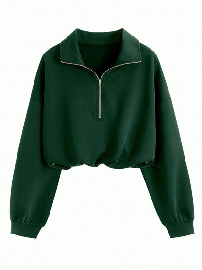 Women's Cropped Quarter Zip Drawstring Waist Sweatshirt