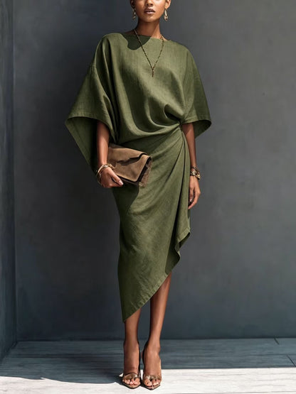 Women's Batwing Sleeve Solid Asymmetrical Midi Dress