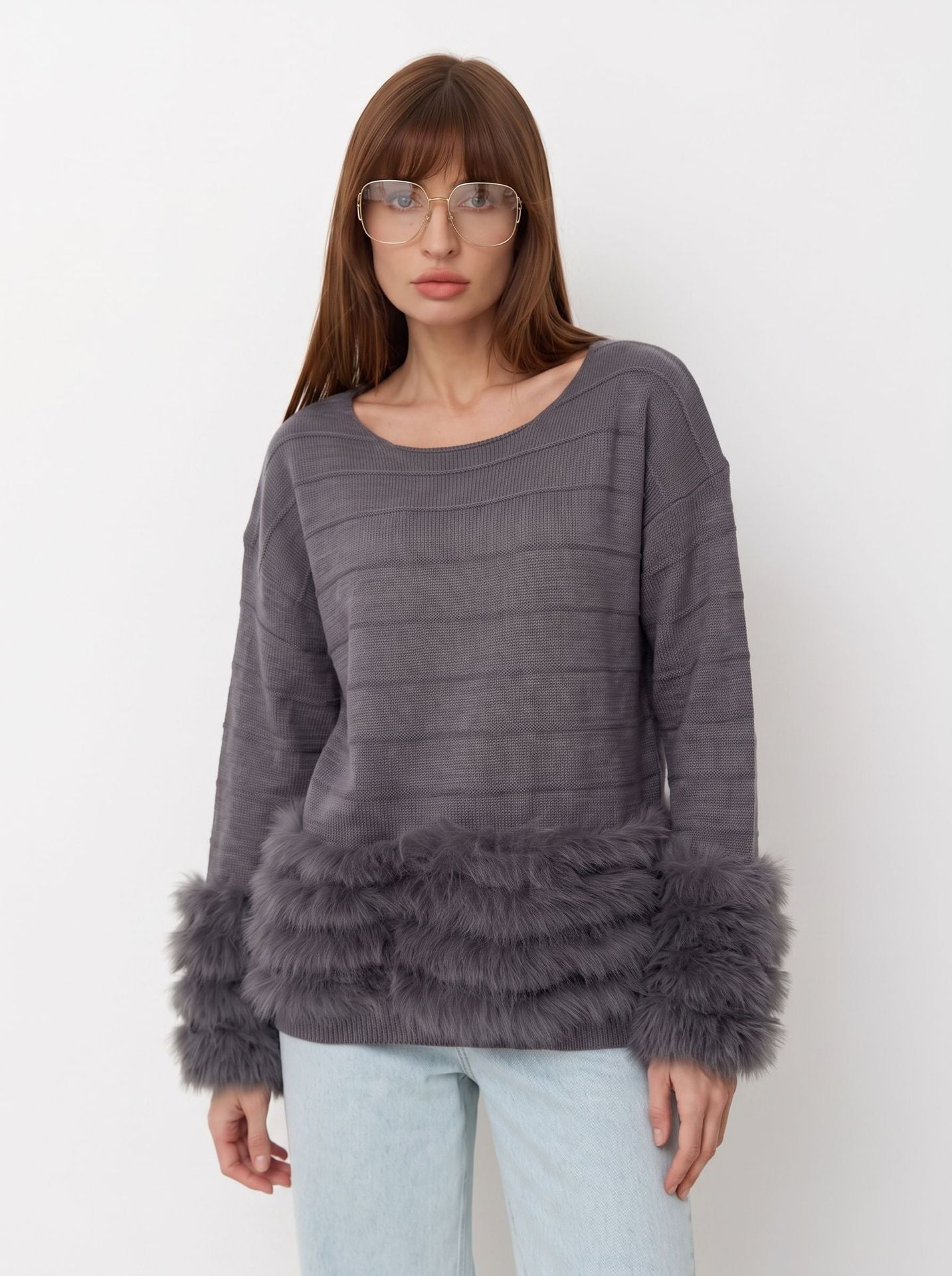 Women's Ribbed Faux Fur Cuff Oversized Sweater