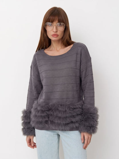 Women's Ribbed Faux Fur Cuff Oversized Sweater