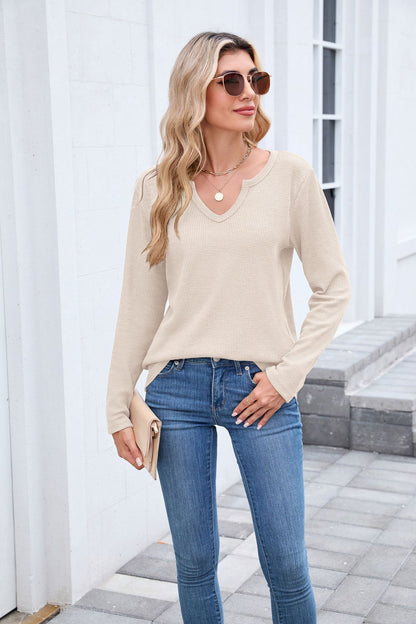 Women's Waffle Knit V-Neck Long Sleeve Loose Fit Top