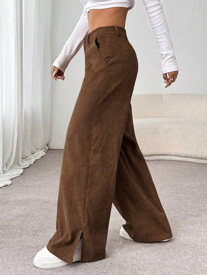 Women's Corduroy Wide Leg Pants Split Hem Pockets