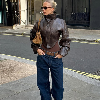 Womens Faux Leather Corset Jacket Cropped Moto Zip Up