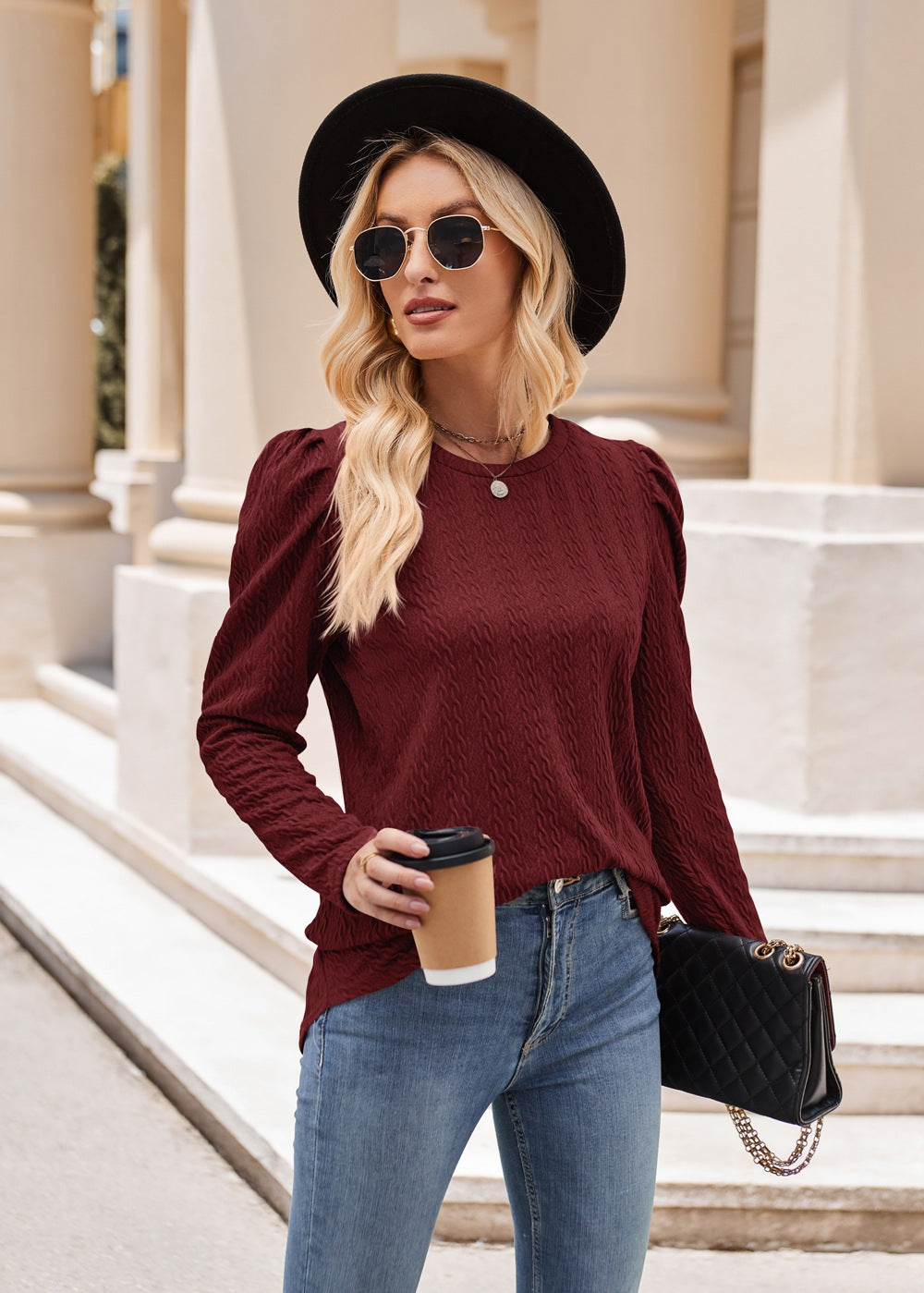 Burgundy Textured Knit Puff Sleeve Long Sleeve Top