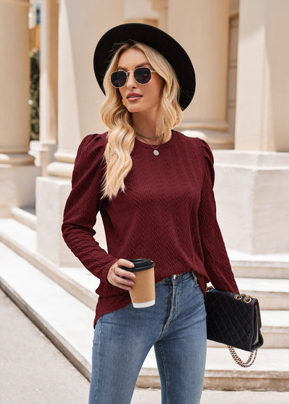 Burgundy Textured Knit Puff Sleeve Long Sleeve Top