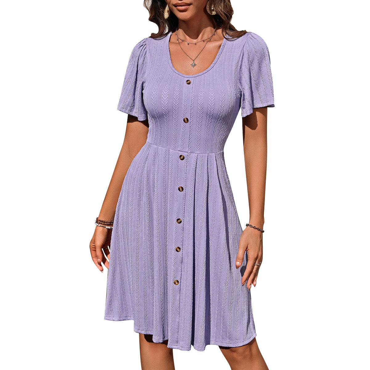 Round Neck Button Elastic Waist Casual Dress