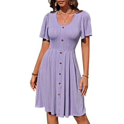 Round Neck Button Elastic Waist Casual Dress