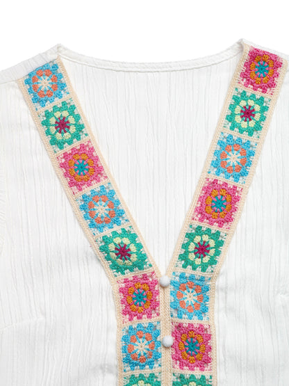 Boho Embroidered V-Neck Blouse Loose Sleeve Summer Top