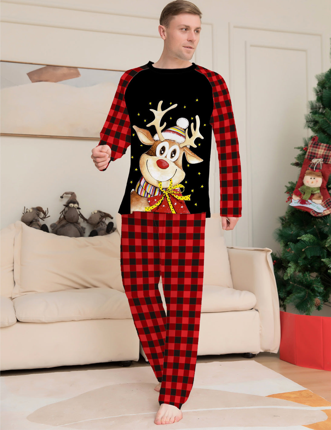 Cartoon Deer Plaid Parent-child Dress Printed Christmas Pajamas