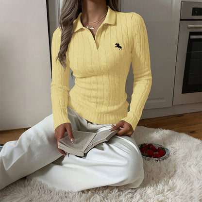 Women's Cable Knit Polo Collar Sweater Top