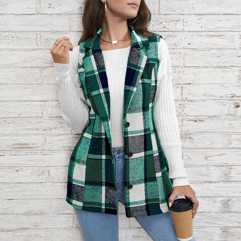 Women's Plaid Lapel Blazer Vest Button Front