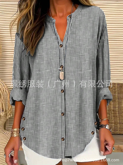 Womens Striped V Neck Button Down Long Sleeve Tunic Top