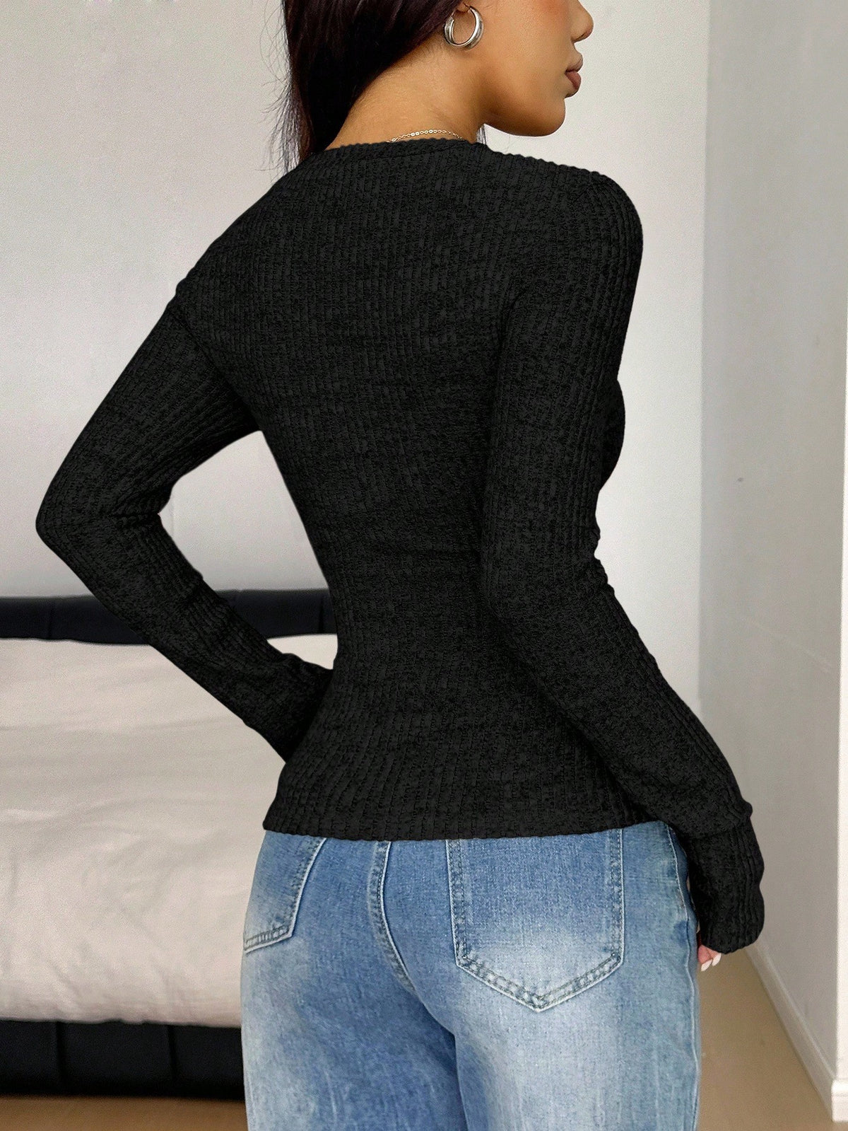 Women's Lace Trim V Neck Long Sleeve Ribbed Button Top