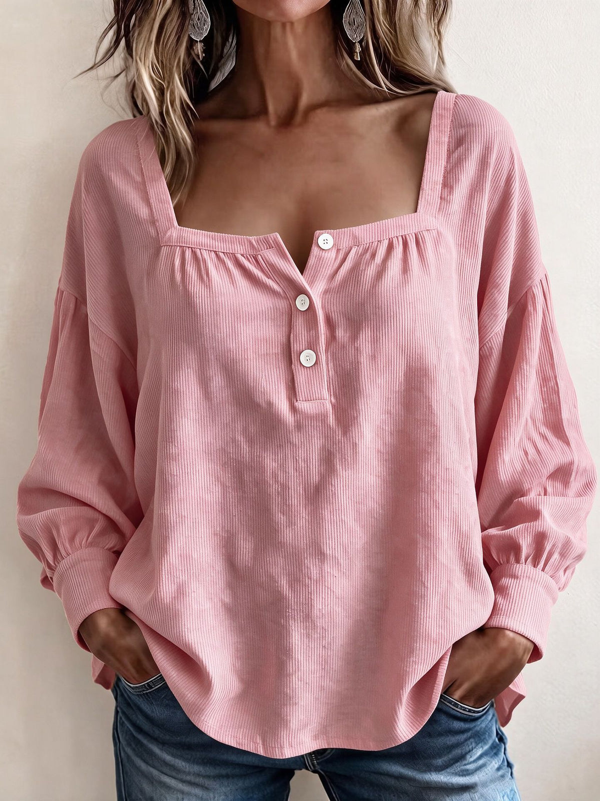 Square Neck Corduroy Top Button Front Long Sleeve Oversized