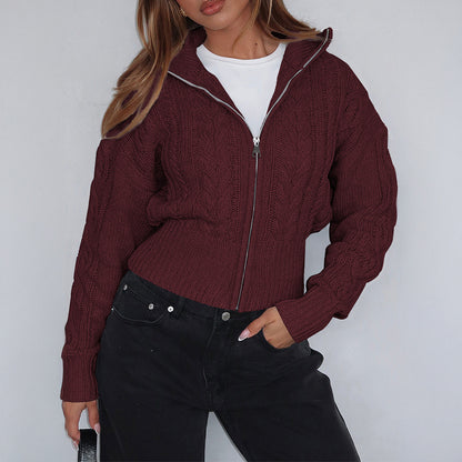 Women’s Solid Knit Zipper Hoodie Long Sleeve Cropped Sweater