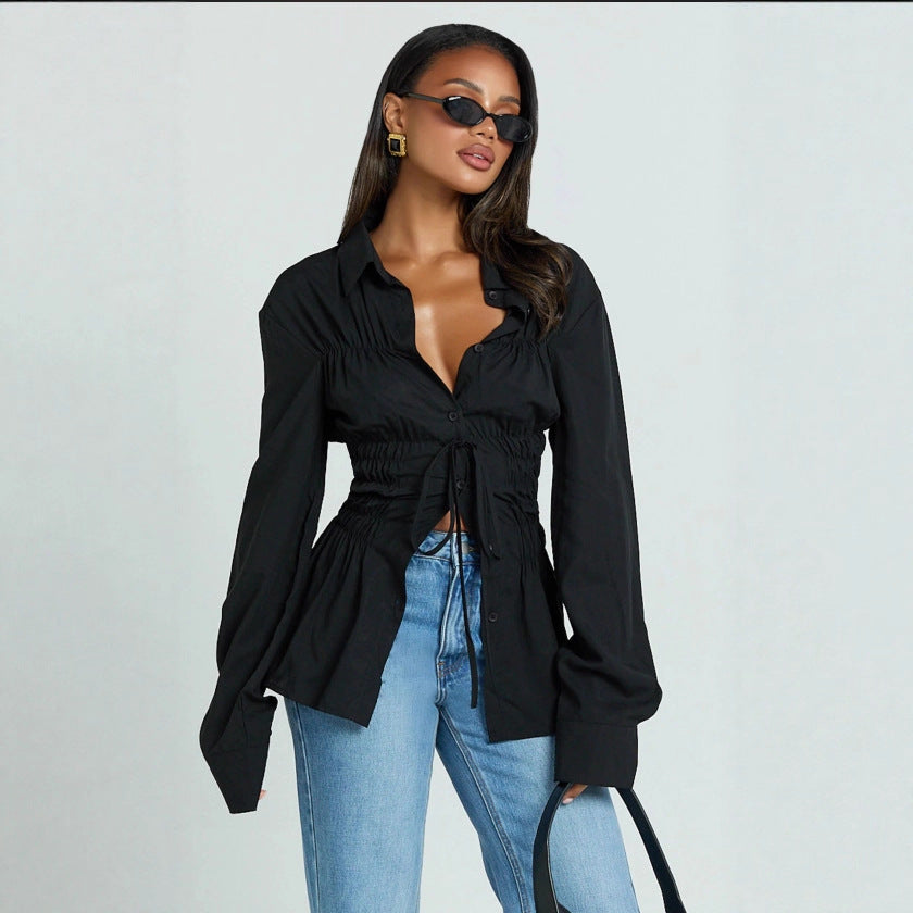Women's Smocked Drawstring Waist Long Sleeve Blouse