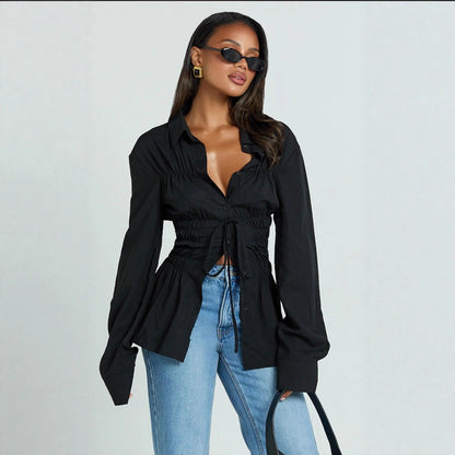 Women's Smocked Drawstring Waist Long Sleeve Blouse