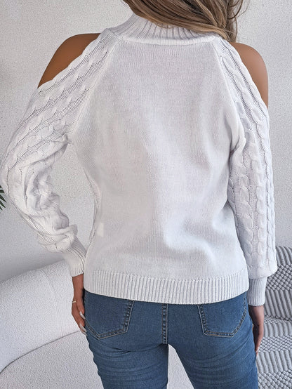 2025 Fall Winter Off-Shoulder Cable Knit Turtleneck Sweater