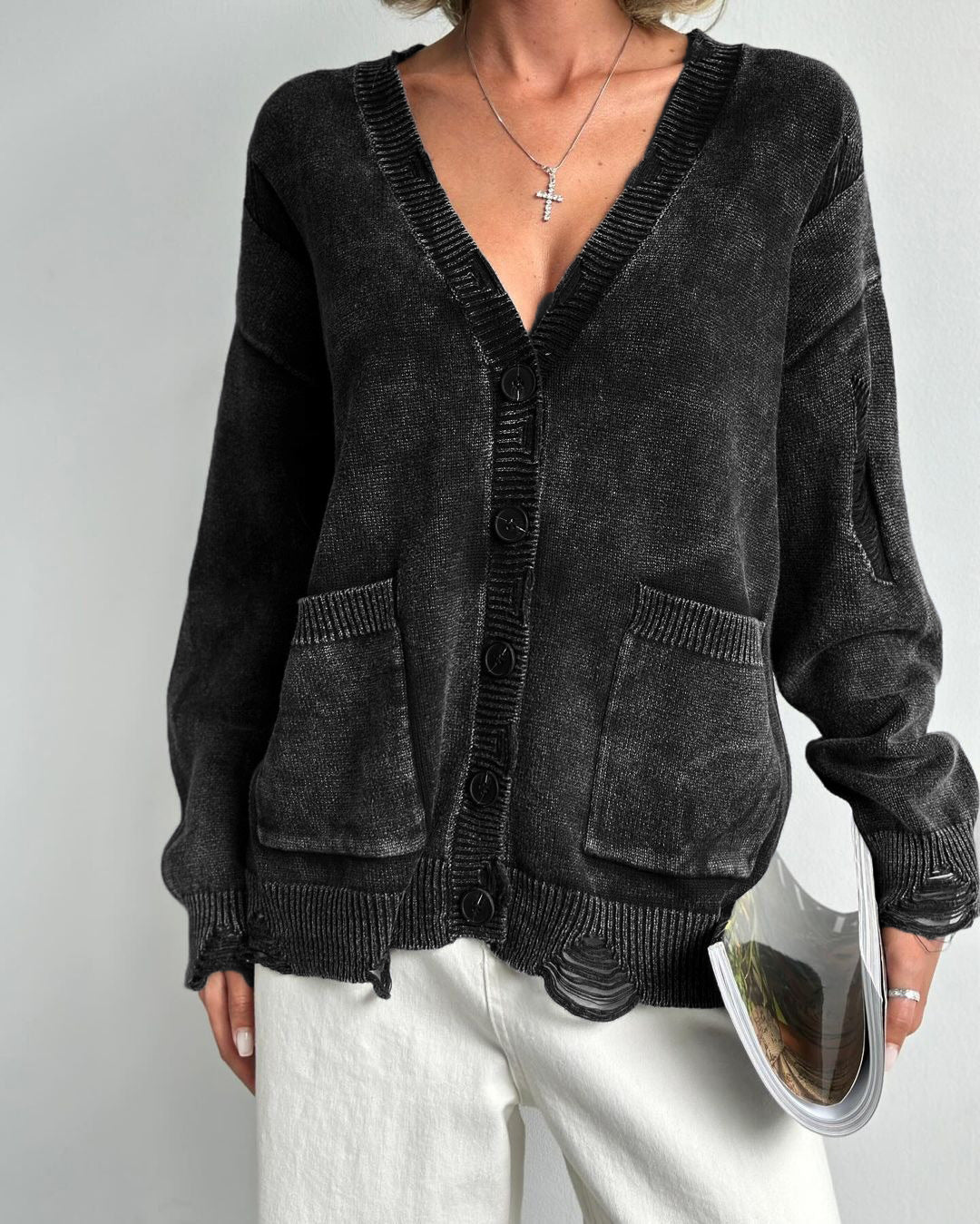 Vintage Distressed Chunky Knit Cardigan