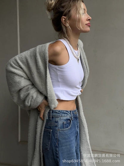 Women’s Long Faux Fur Cardigan Belted Open Front Sweater