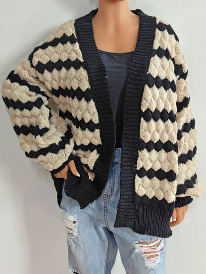 Women's Three-dimensional Contrasting Color Splicing Striped Cardigan Sweater