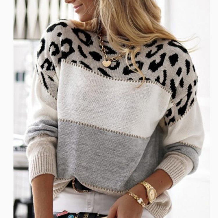Women's Leopard Color Block Oversized Crew Neck Sweater