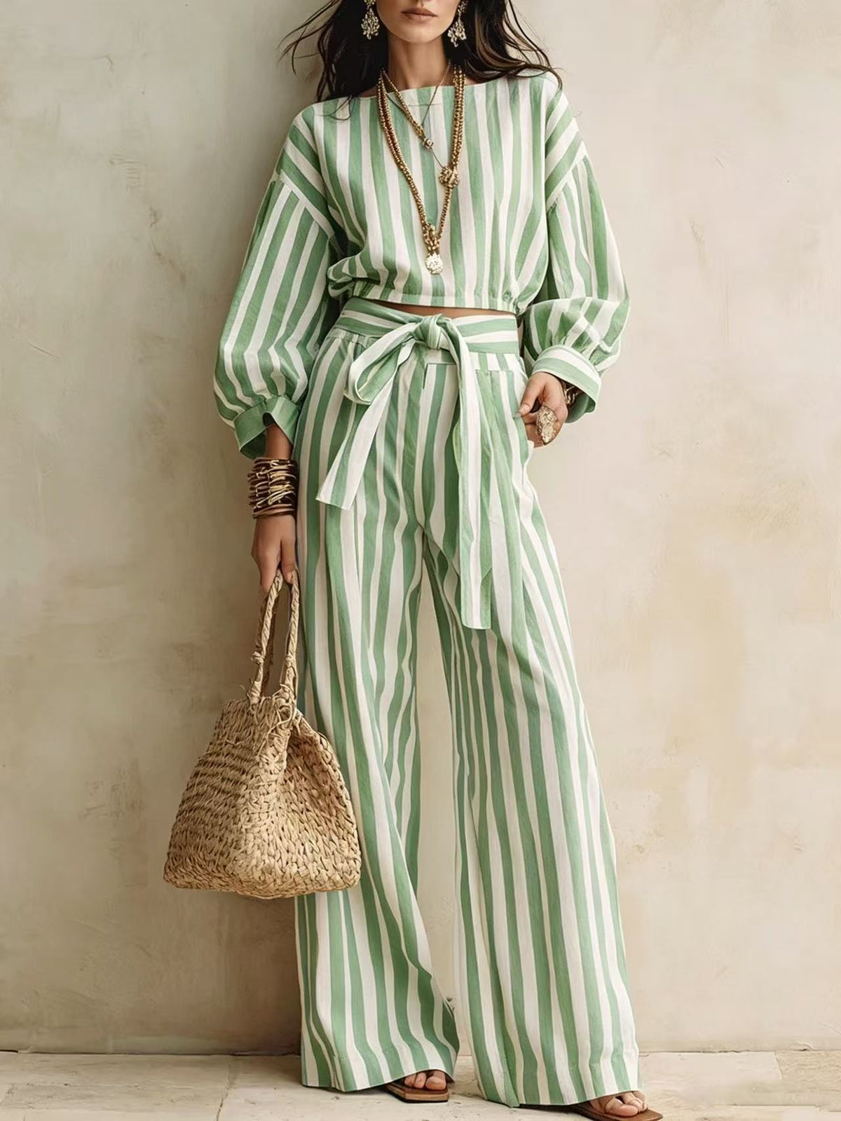 Striped Two Piece Crop Top Wide Leg Pants Set