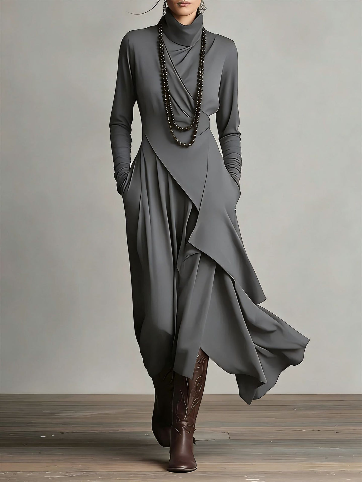 Women's Turtleneck Long Sleeve Asymmetric Midi Dress